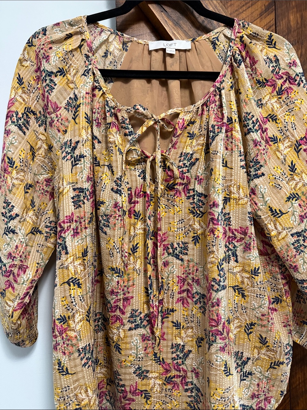 LOFT Mustard Floral Pintuck V-Neck Blouse
